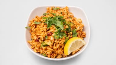 Sadheko chatpate: spicy Nepalese puffed rice snack with coriander and lemon at Taste of Himalayan, Rowley Regis